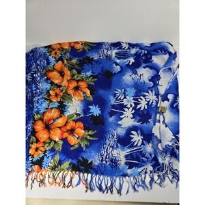 VTG Women's Shawl Scarf Sarong Blue Tropical Fringe-Edge Beach Boho 62"x41"